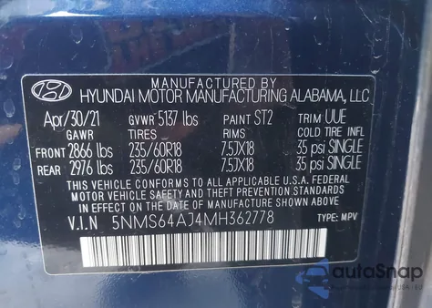 2021 Hyundai Santa Fe Sel from USA, damaged, VIN 5NMS64AJ4MH362778